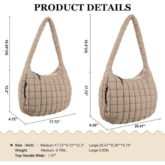 Iqimott Quilted Puffer Tote Bag Large Crossbody Shoulder Bag with Zipper - Picture 2 of 7